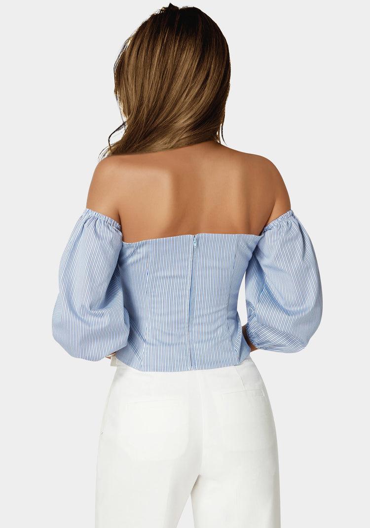 Bebe Poplin Bubble Sleeve Off Shoulder Draped Top