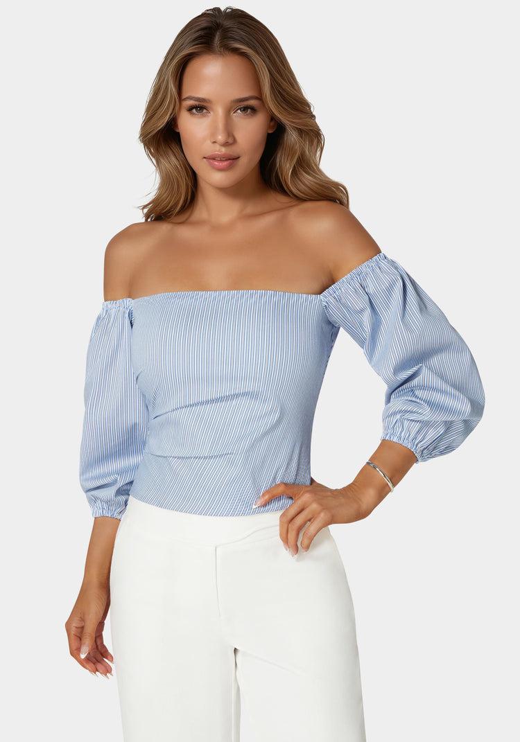bebe Poplin Bubble Sleeve Off Shoulder Draped Top