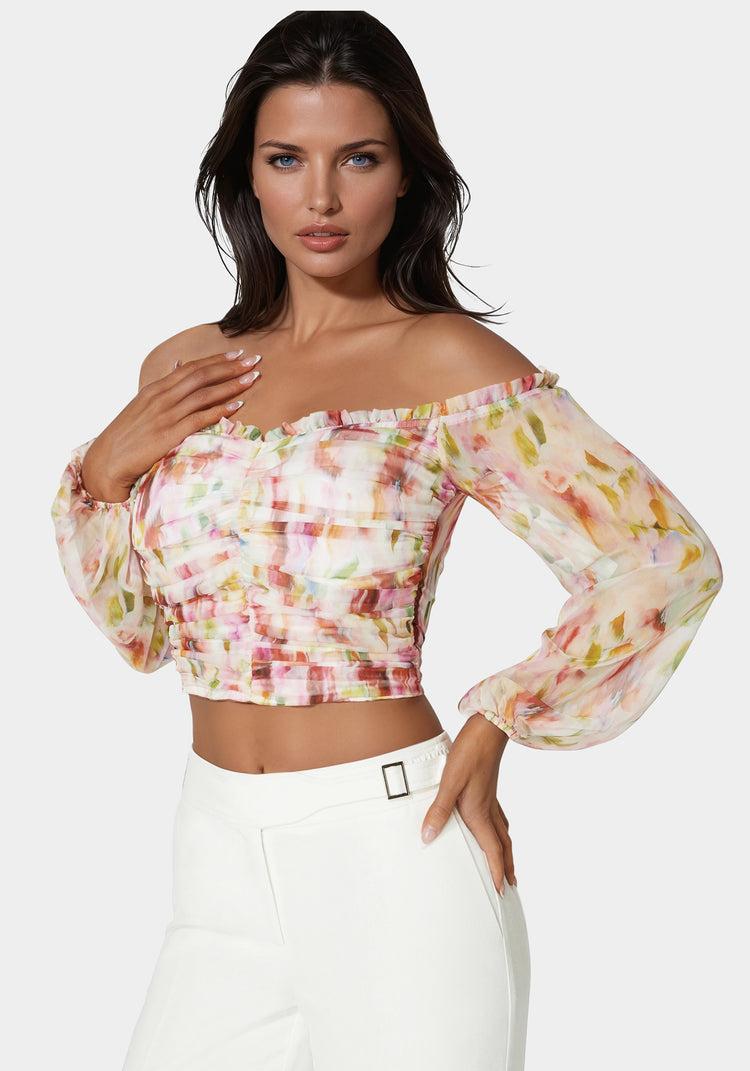 Bebe Printed Chiffon Cold Shoulder Ruched Top