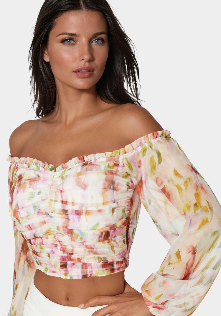 Bebe Printed Chiffon Cold Shoulder Ruched Top