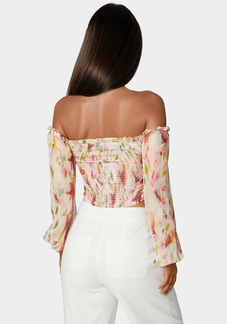 Bebe Printed Chiffon Cold Shoulder Ruched Top
