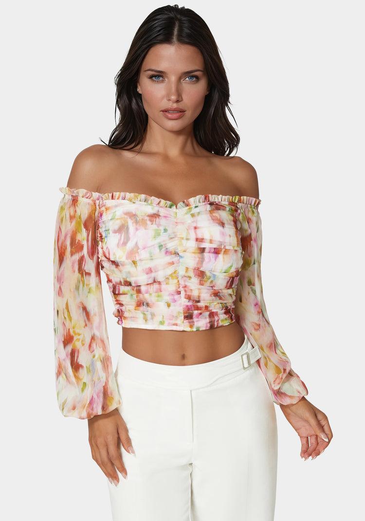 bebe Printed Chiffon Cold Shoulder Ruched Top