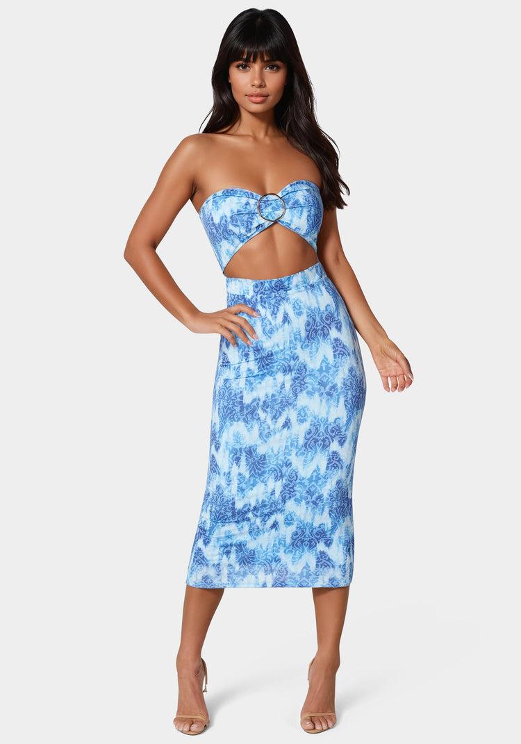 bebe Printed Front Cutout Midi Dress