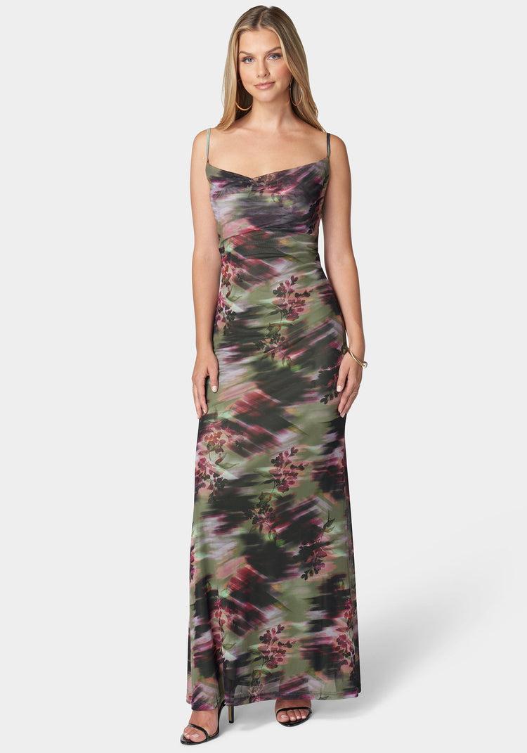 Bebe Printed Mesh Cowl Gown