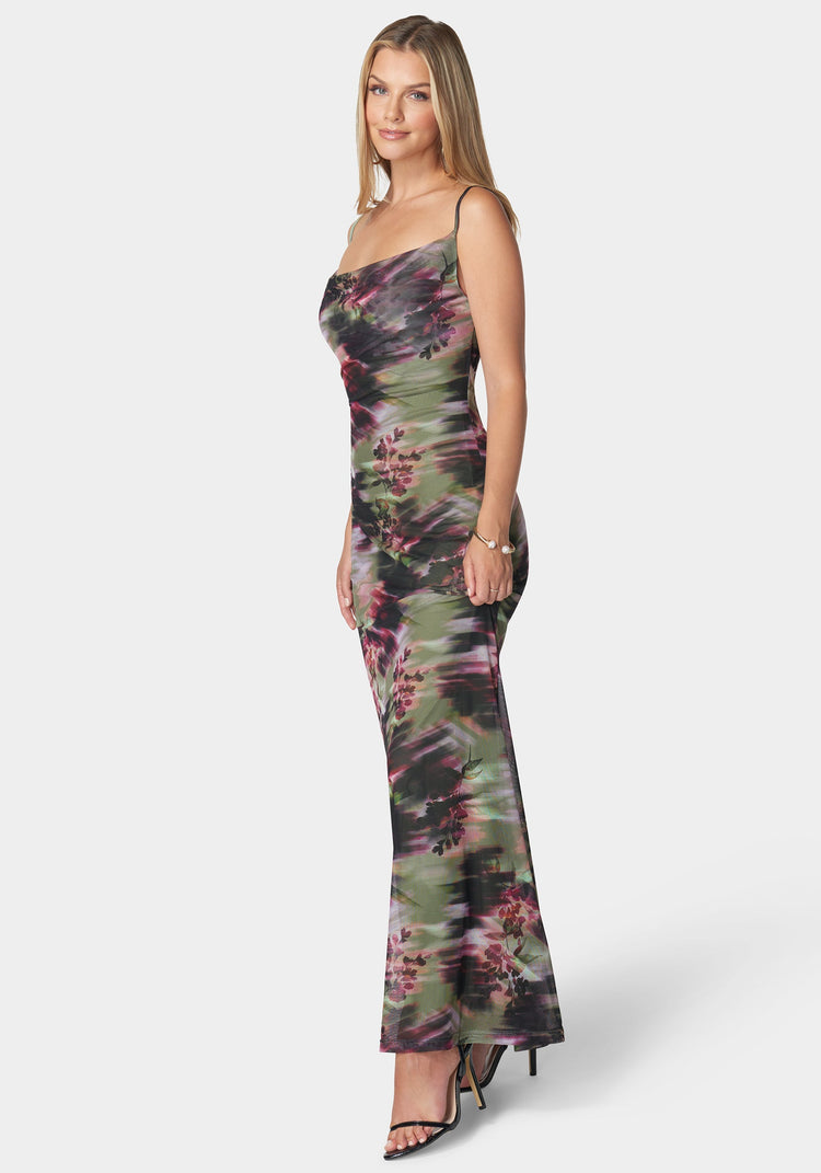 Bebe Printed Mesh Cowl Gown