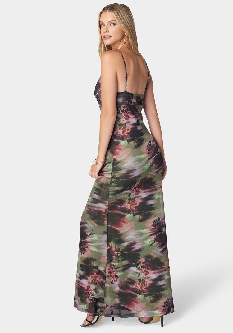 Bebe Printed Mesh Cowl Gown