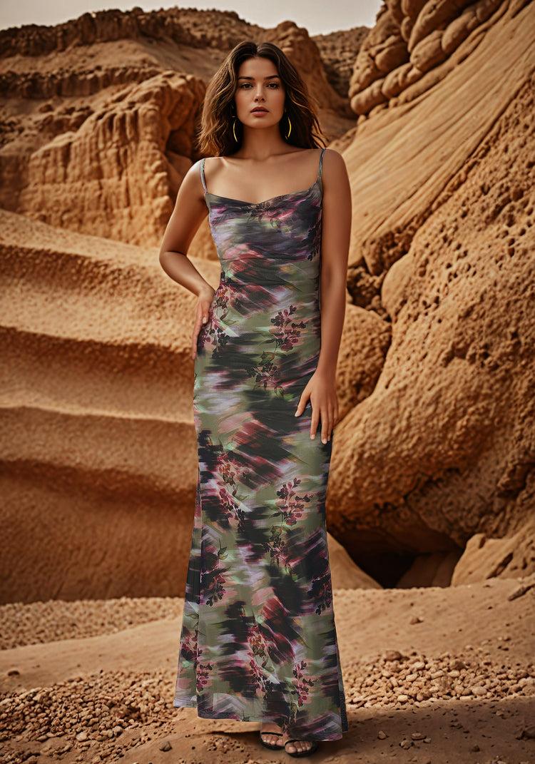bebe Printed Mesh Cowl Gown
