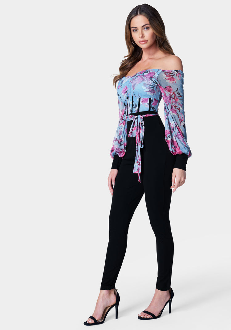 Bebe Printed Mesh Off Shoulder Catsuit