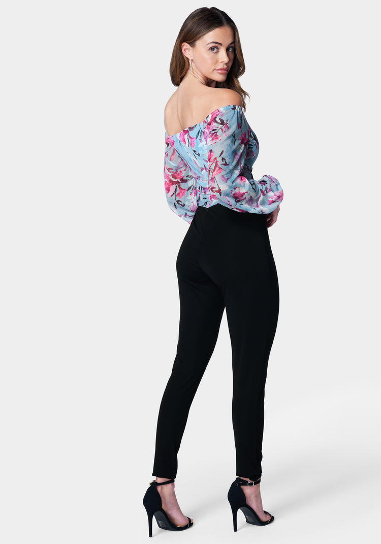 Bebe Printed Mesh Off Shoulder Catsuit