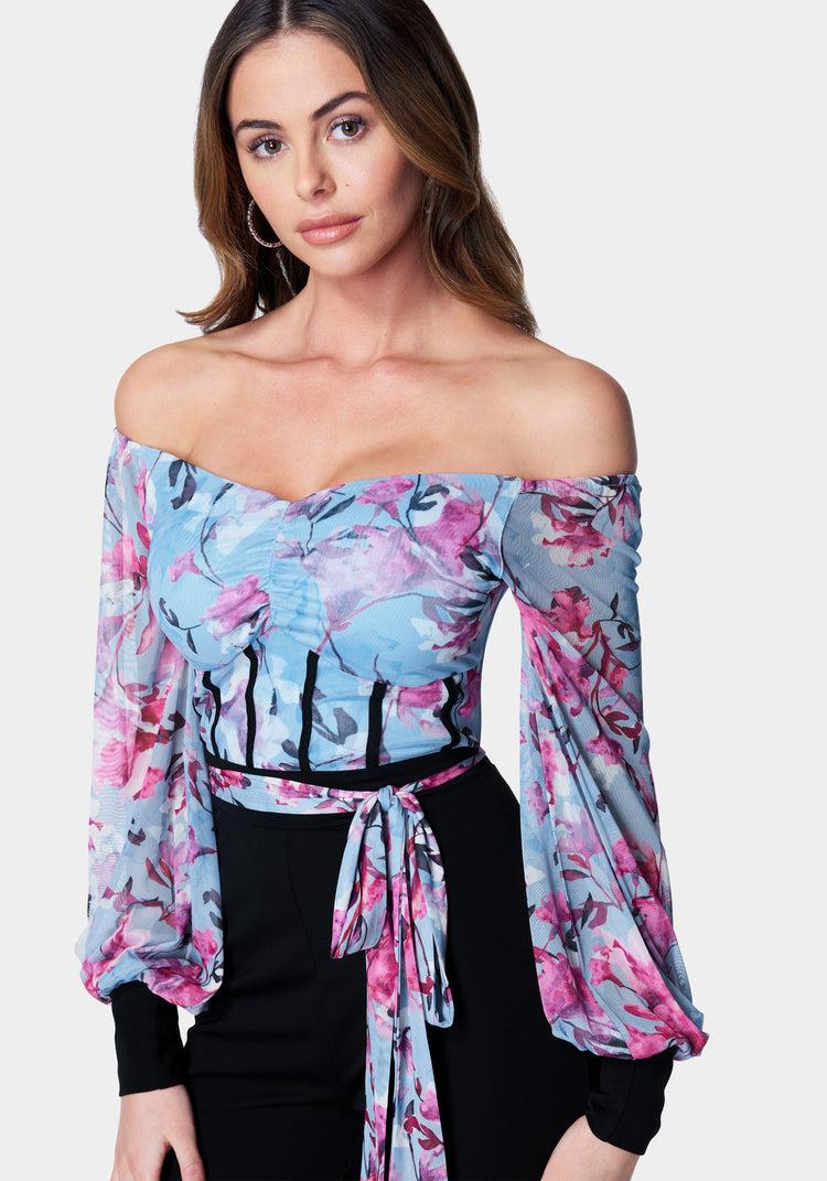 Bebe Printed Mesh Off Shoulder Catsuit