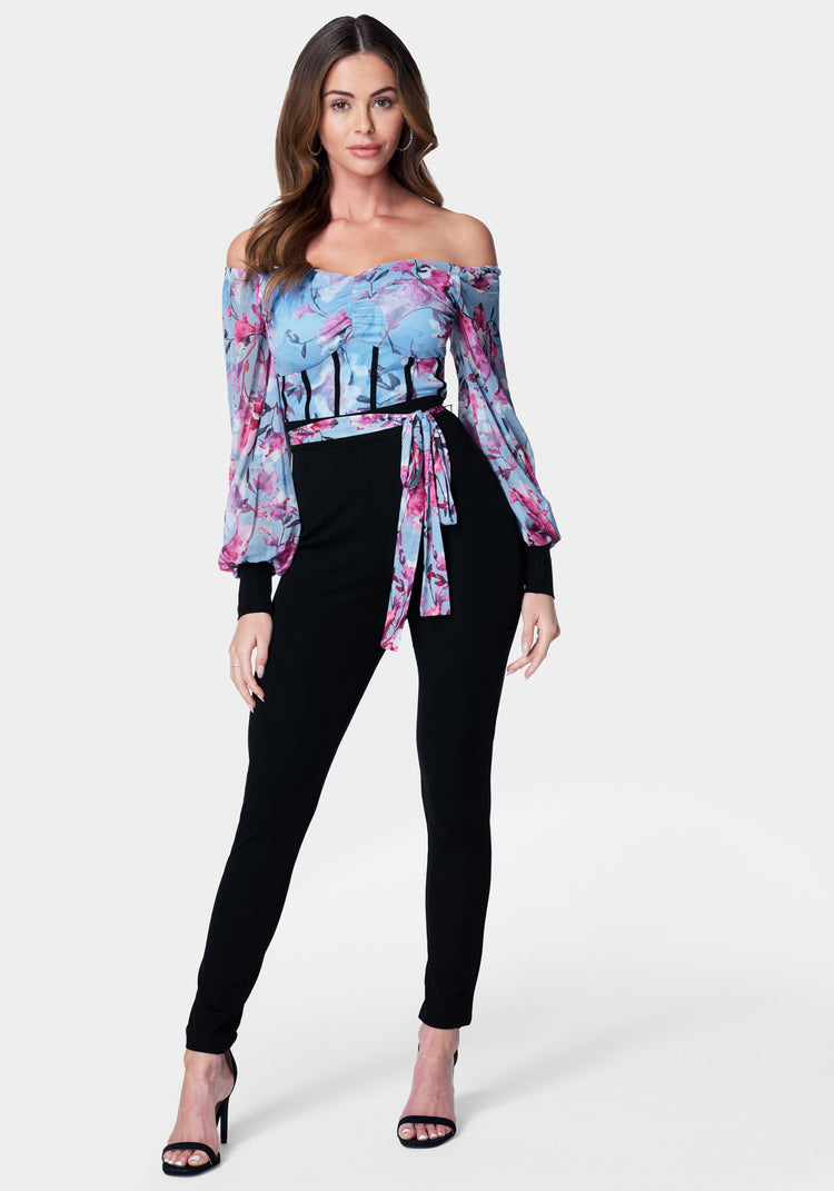 bebe Printed Mesh Off Shoulder Catsuit