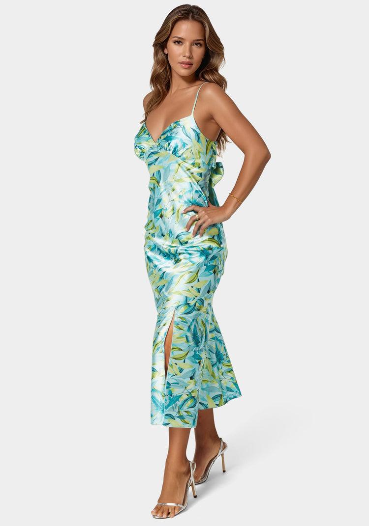 Bebe Printed Satin Flounce Maxi Dress