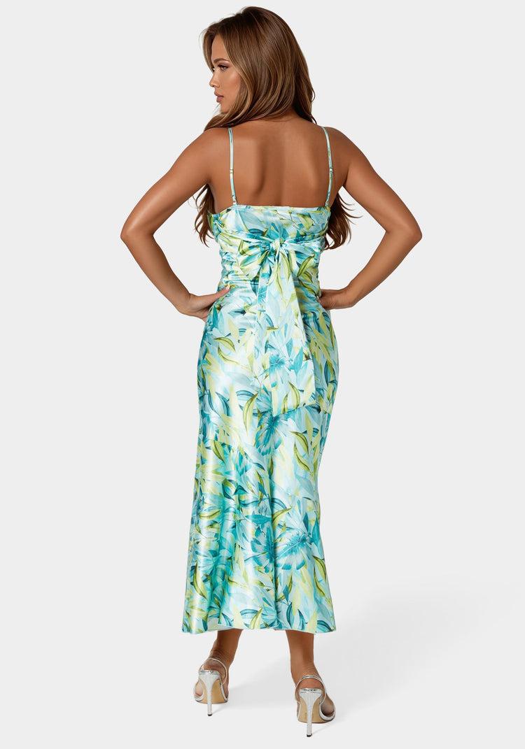 Bebe Printed Satin Flounce Maxi Dress