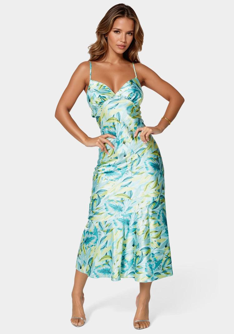 bebe Printed Satin Flounce Maxi Dress