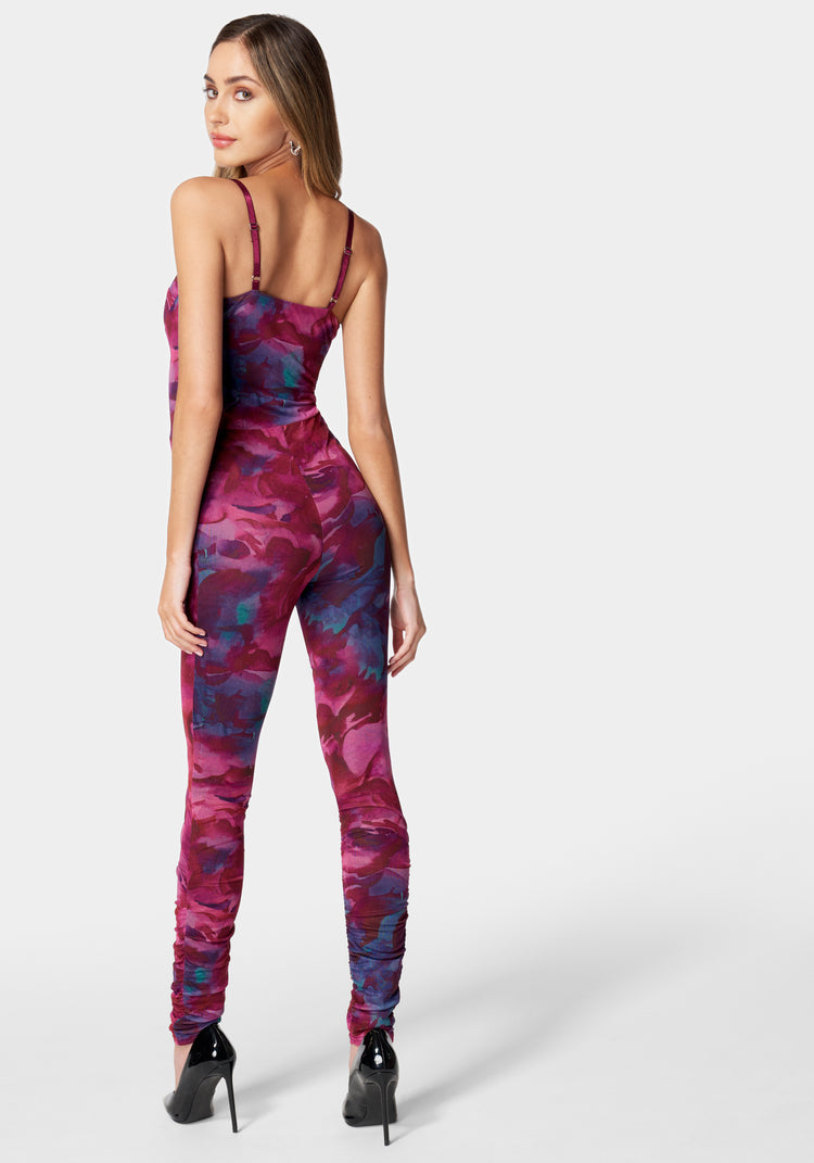 Bebe Printed Sleeveless Mesh Corset Jumpsuit