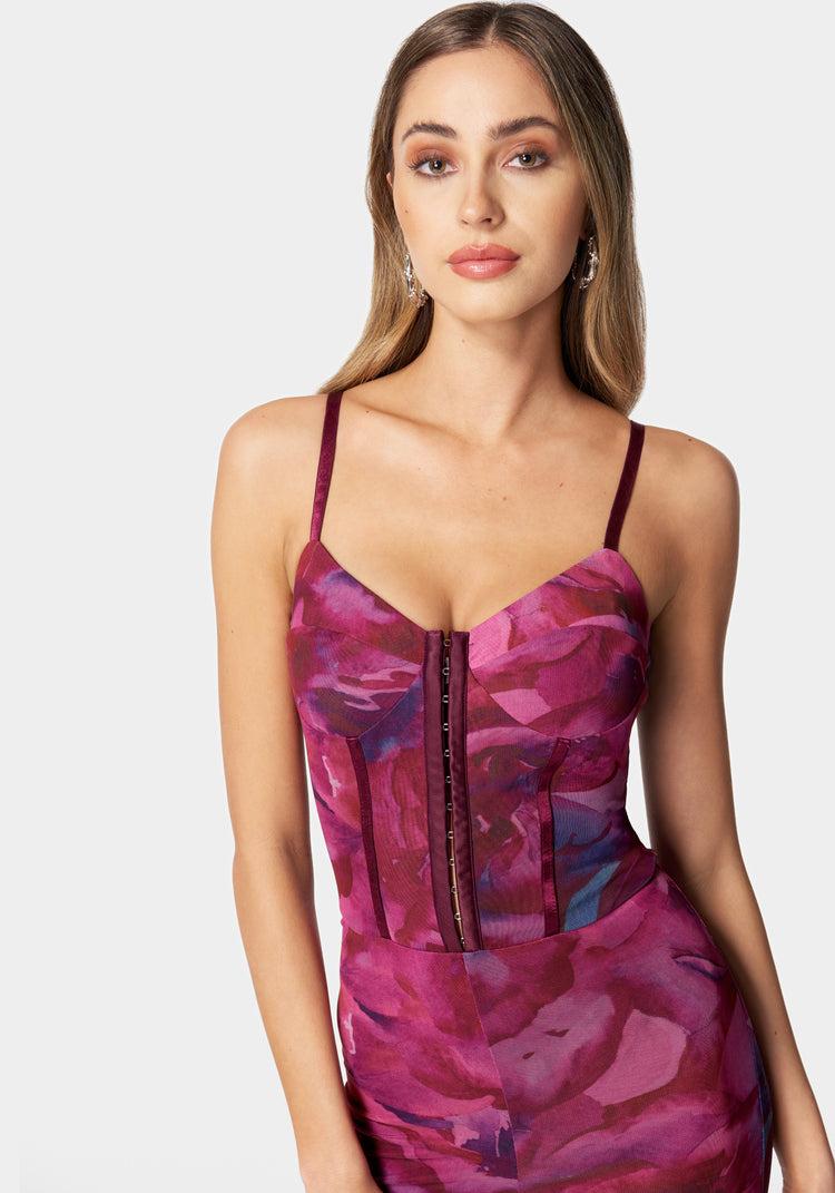 Bebe Printed Sleeveless Mesh Corset Jumpsuit