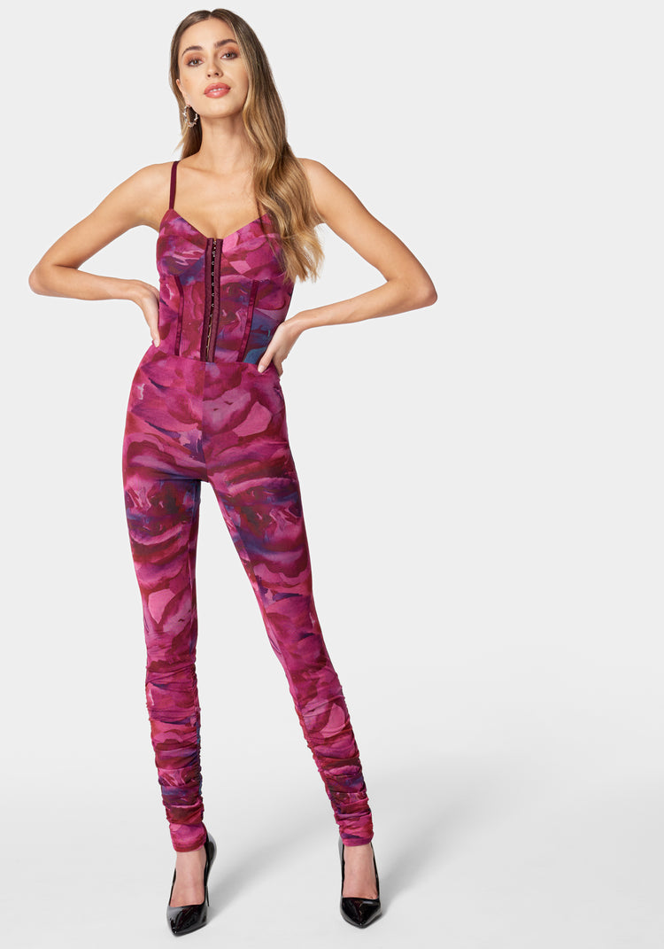 bebe Printed Sleeveless Mesh Corset Jumpsuit