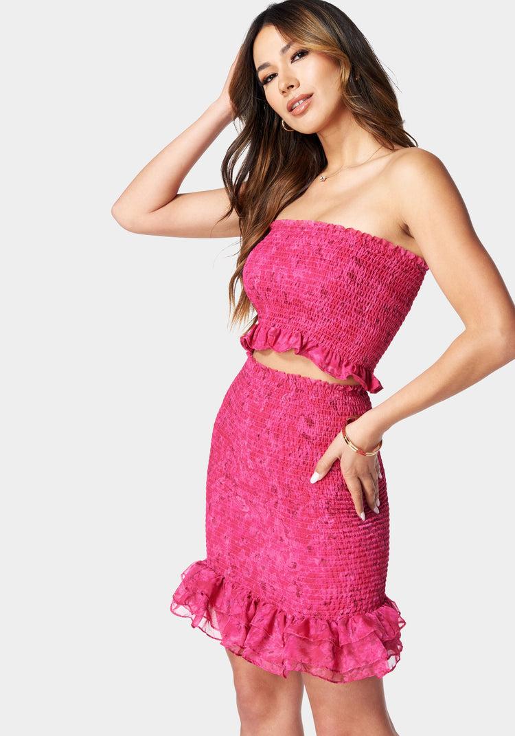 Bebe Printed Smocked Top And Smocked Mini Skirt