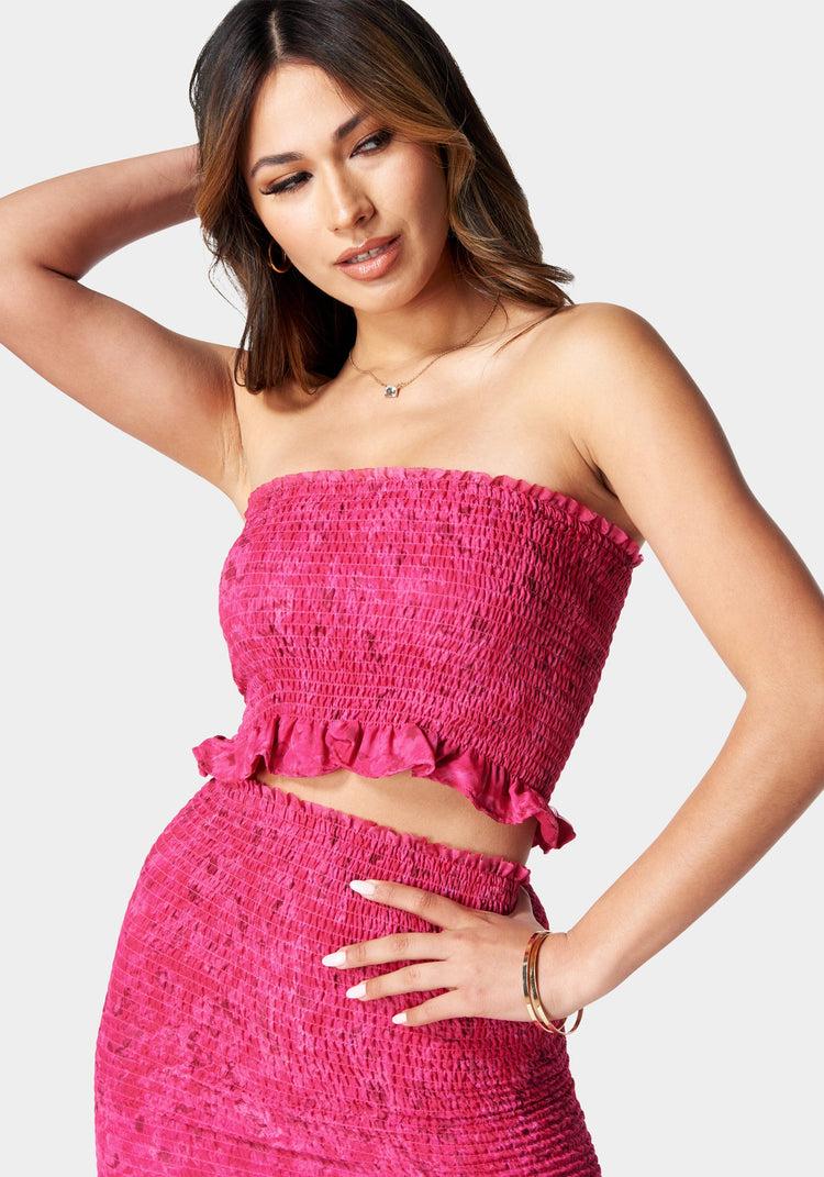 Bebe Printed Smocked Top And Smocked Mini Skirt