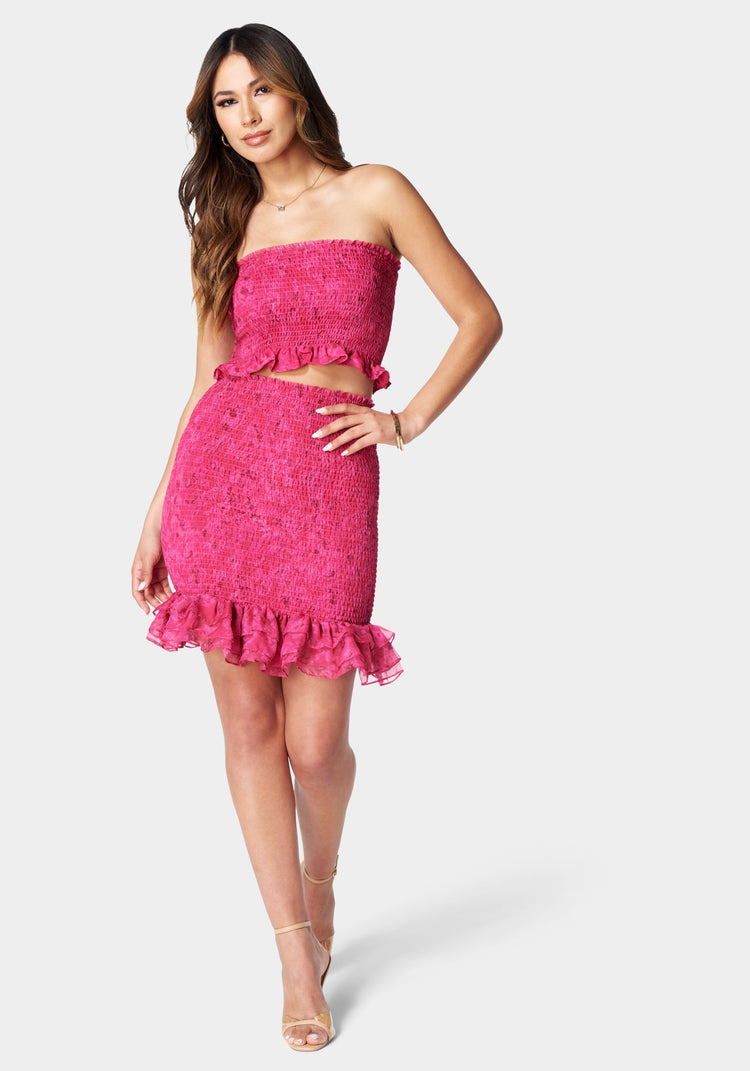 bebe Printed Smocked Top And Smocked Mini Skirt