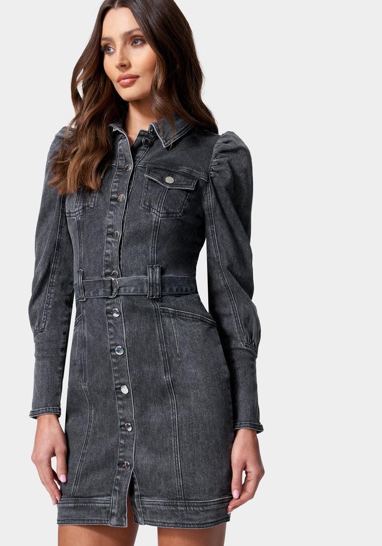 Bebe Puff Sleeve Button Down Denim Dress