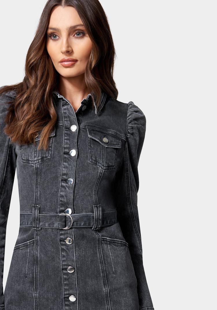 Bebe Puff Sleeve Button Down Denim Dress