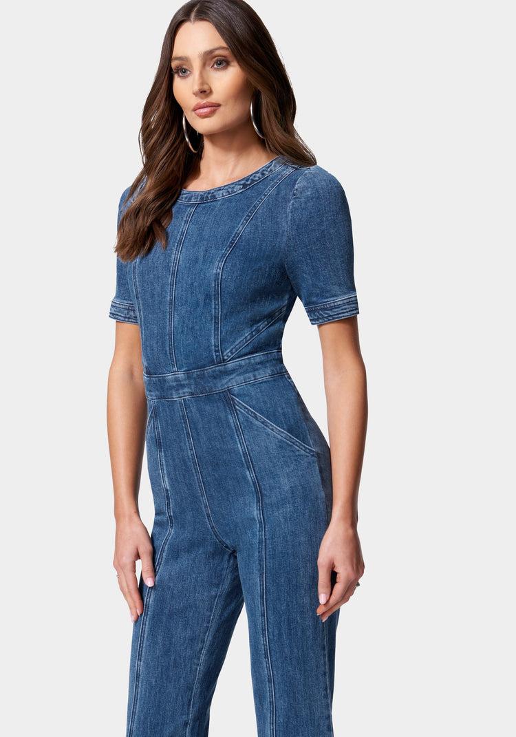 Bebe Puff Sleeve Wide Leg Denim Jumpsuit
