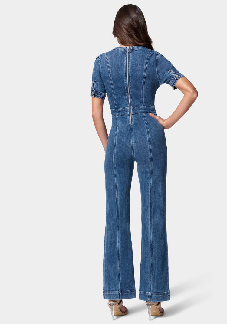 Bebe Puff Sleeve Wide Leg Denim Jumpsuit
