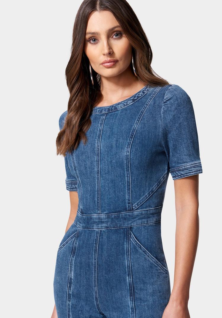 Bebe Puff Sleeve Wide Leg Denim Jumpsuit