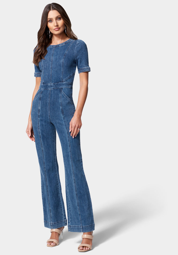 bebe Puff Sleeve Wide Leg Denim Jumpsuit
