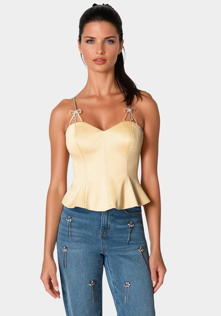 bebe Rhinestone Bow Satin Corset