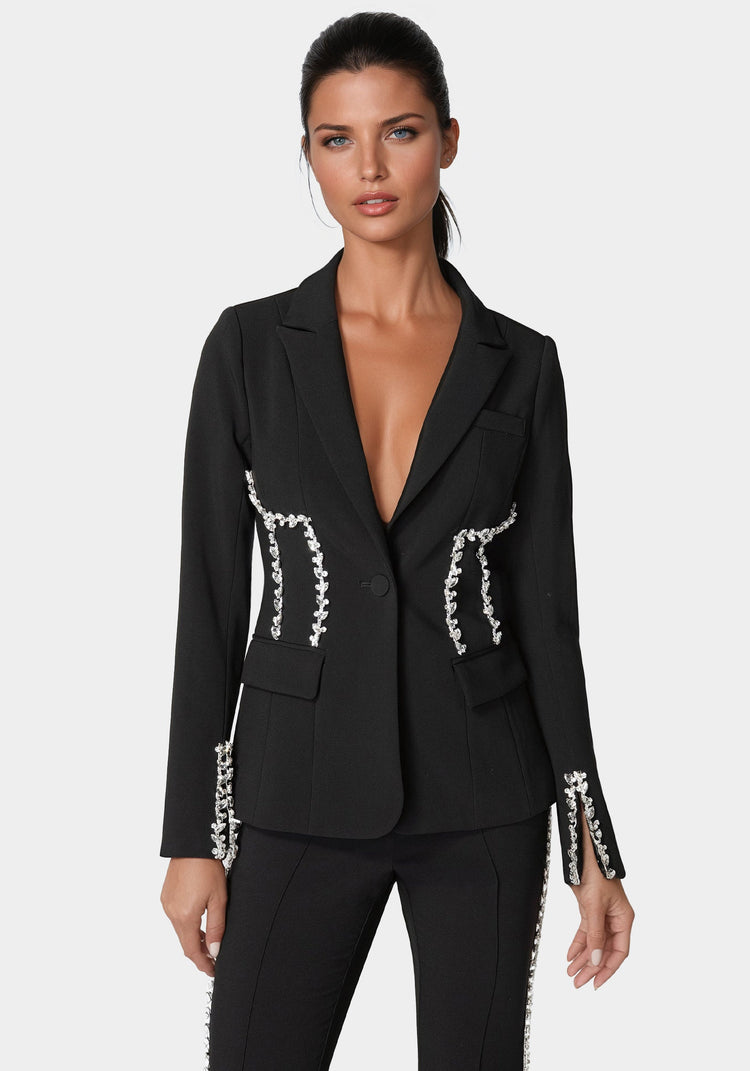 Bebe Rhinestone Detail Woven Twill Blazer