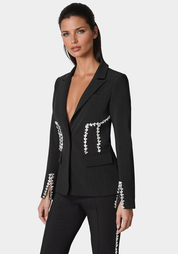 Bebe Rhinestone Detail Woven Twill Blazer
