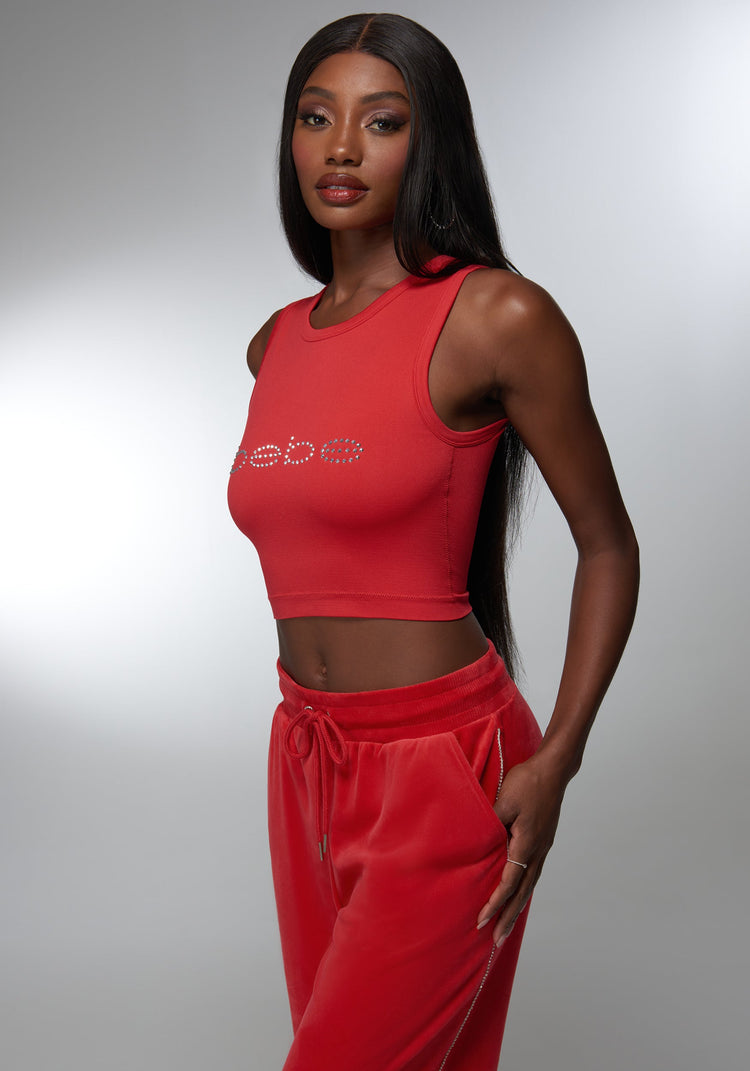 Bebe Rhinestone Logo Cropped Tank