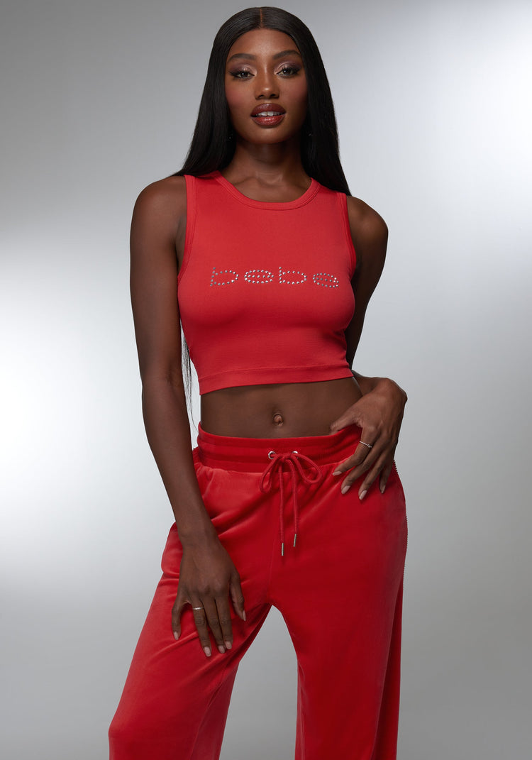 bebe Rhinestone Logo Cropped Tank