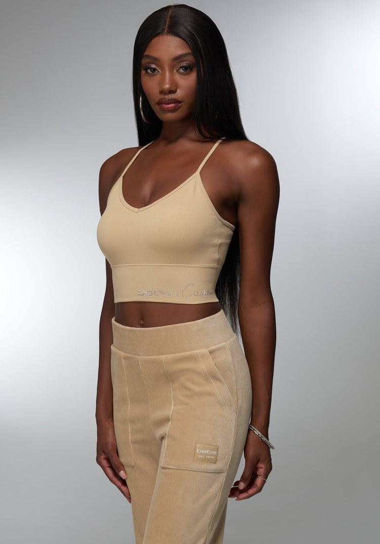 Bebe Rhinestone Logo V Neck Bra Tank