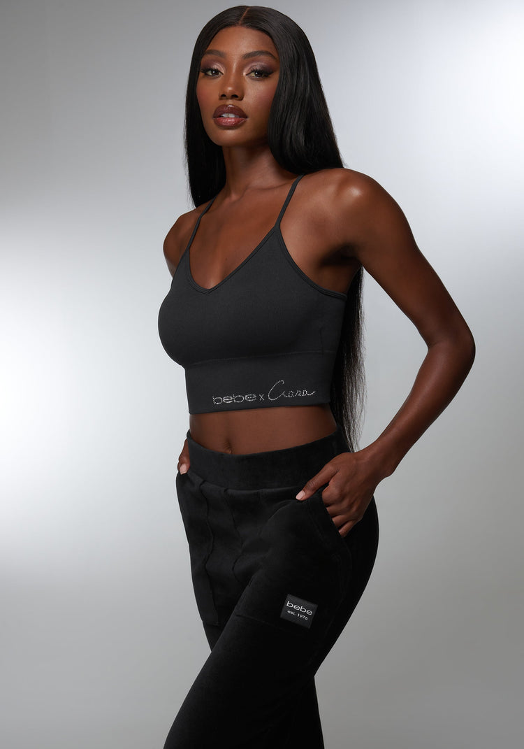 Bebe Rhinestone Logo V Neck Bra Tank