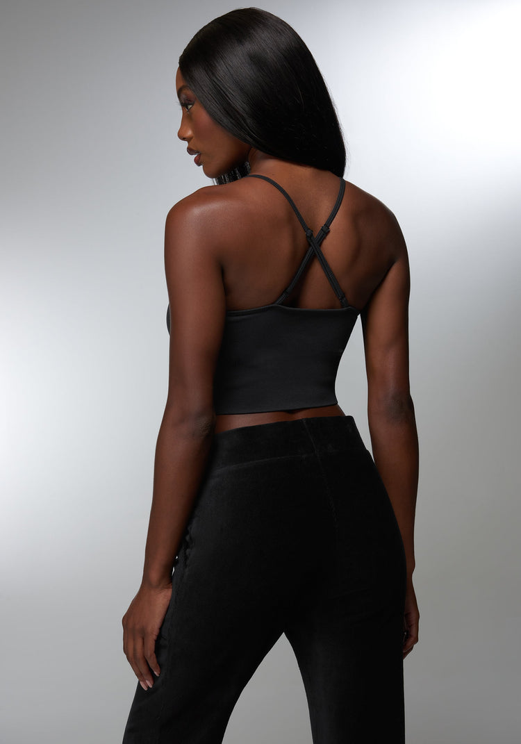 Bebe Rhinestone Logo V Neck Bra Tank