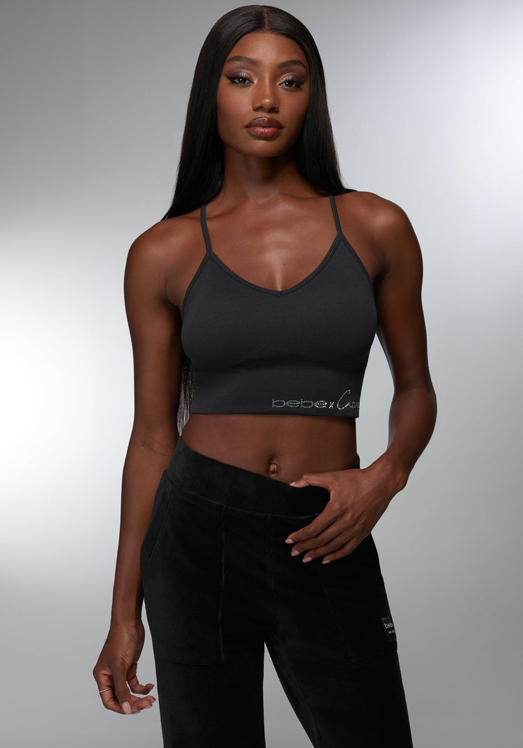 bebe Rhinestone Logo V Neck Bra Tank