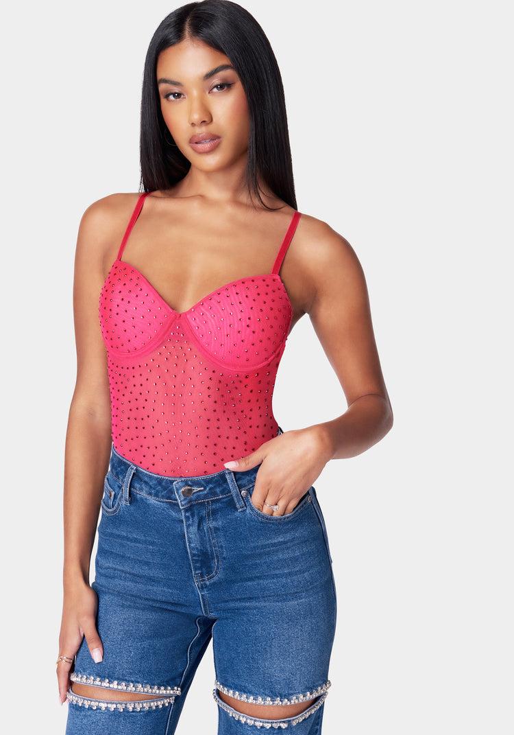 bebe Rhinestone Mesh Bodysuit