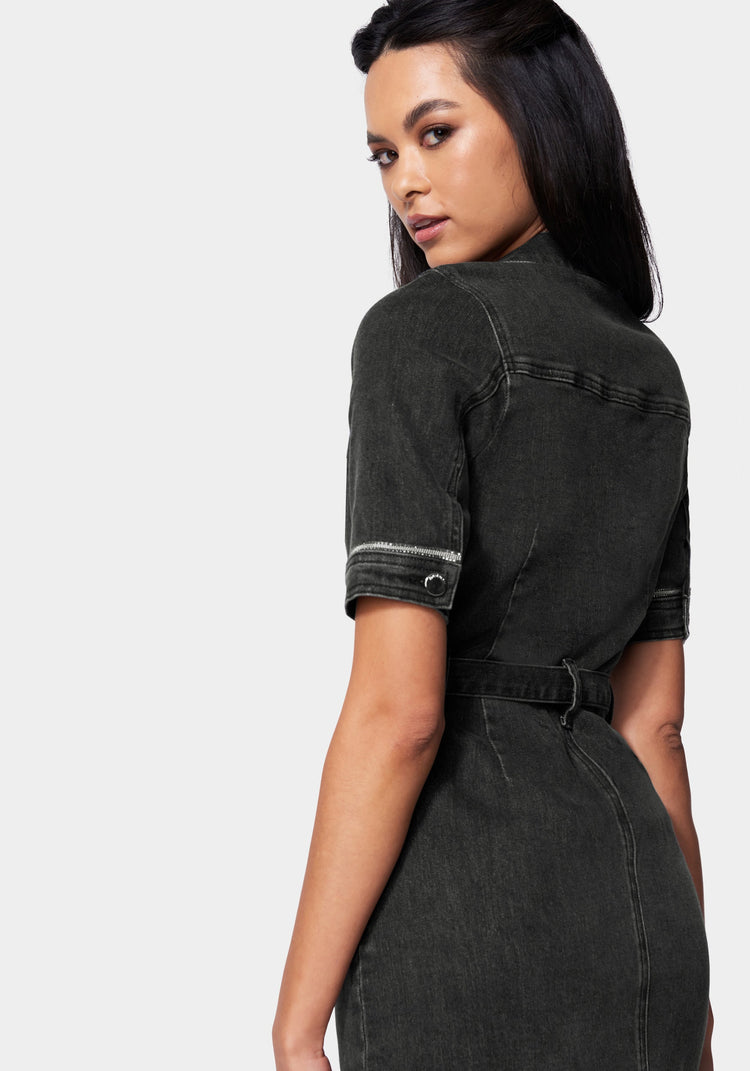 Bebe Rhinestone Trim Denim Dress