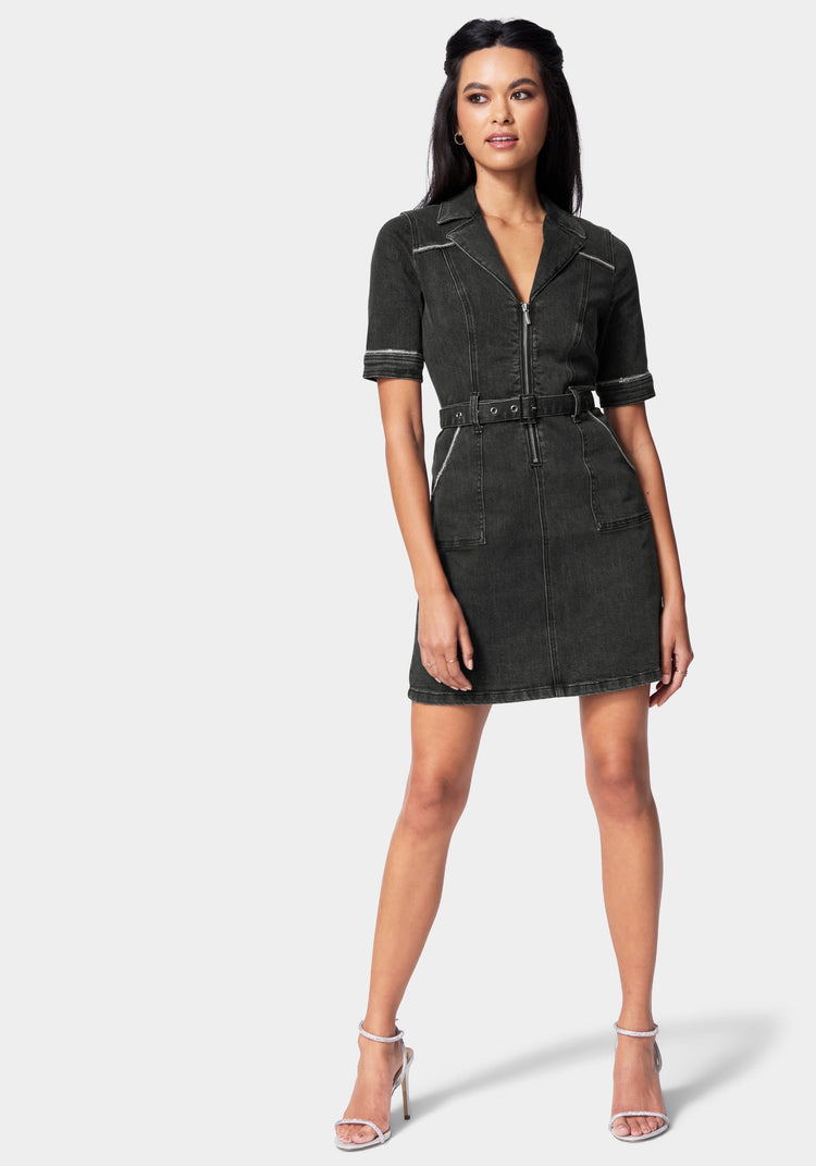bebe Rhinestone Trim Denim Dress