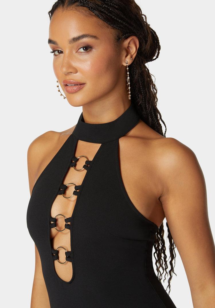 Bebe Ring Detail Plunge Neck Mini Dress
