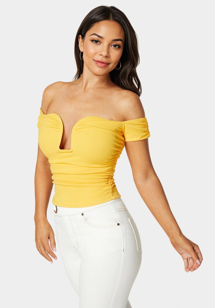 Bebe Ruched Cut Out Cold Shoulder Knit Top