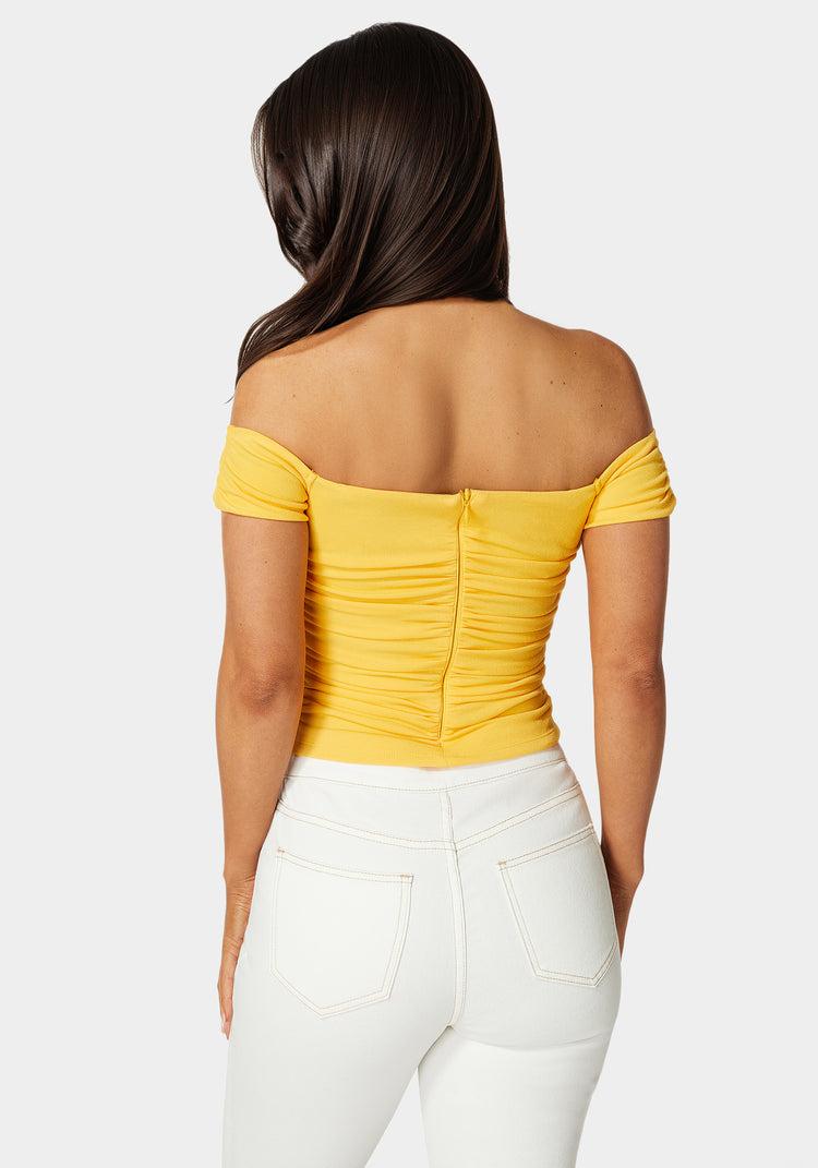 Bebe Ruched Cut Out Cold Shoulder Knit Top