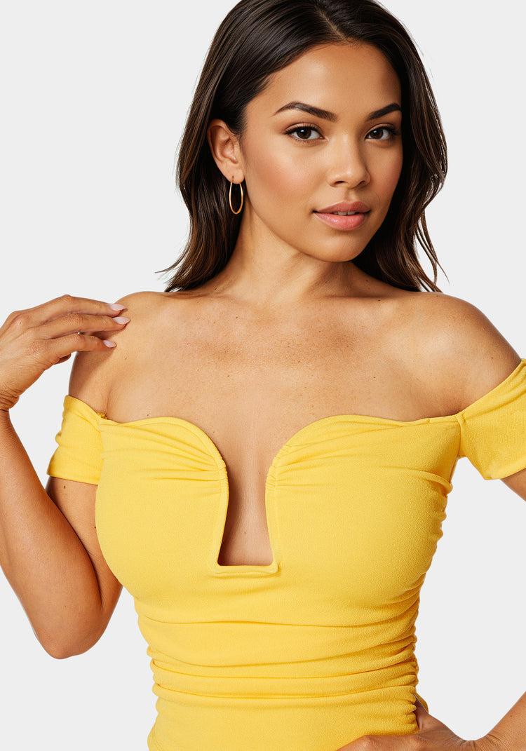 Bebe Ruched Cut Out Cold Shoulder Knit Top