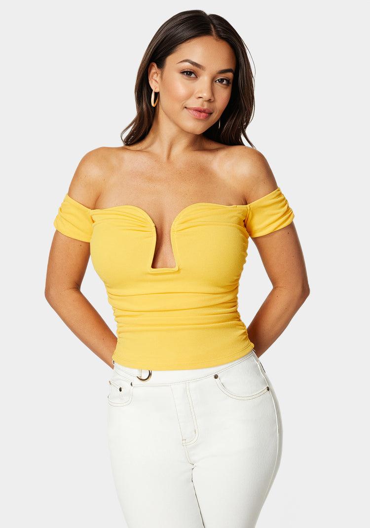 bebe Ruched Cut Out Cold Shoulder Knit Top