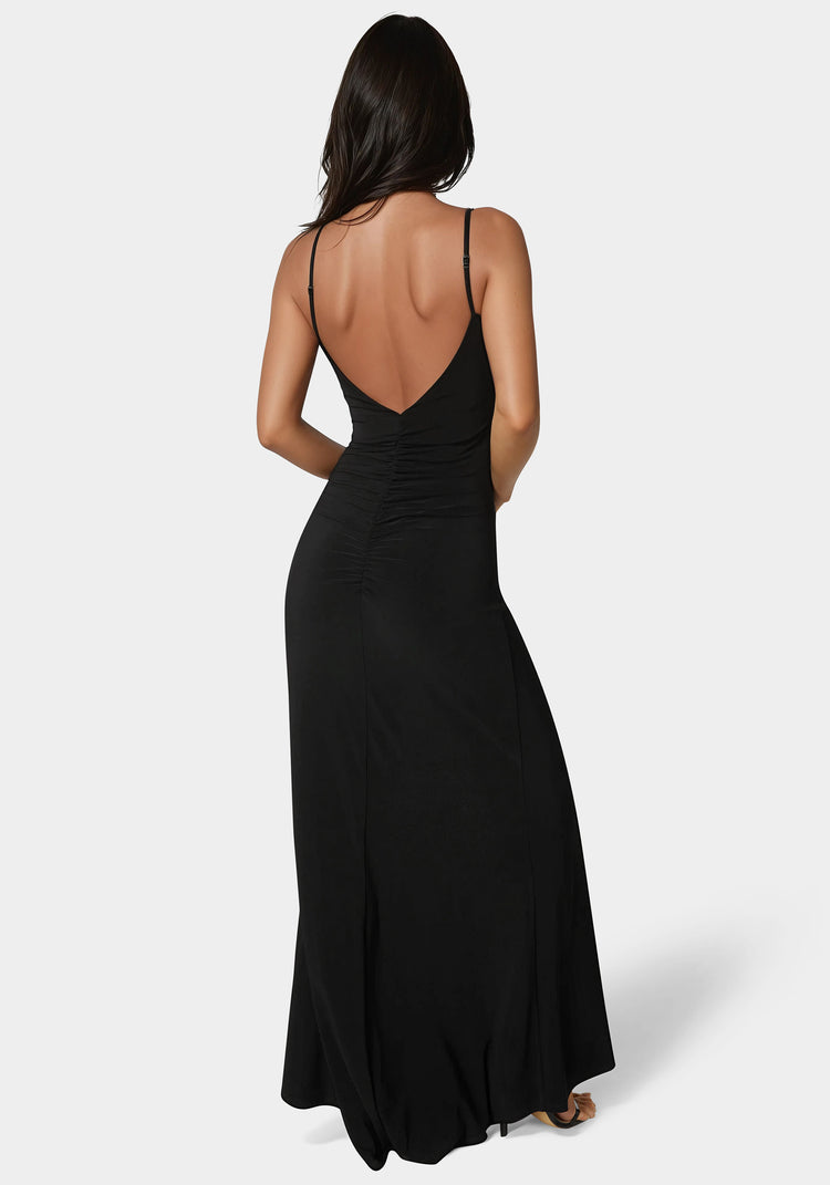 Bebe Ruched High Slit Maxi Dress