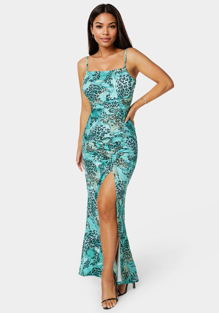 bebe Ruched High Slit Printed Dress