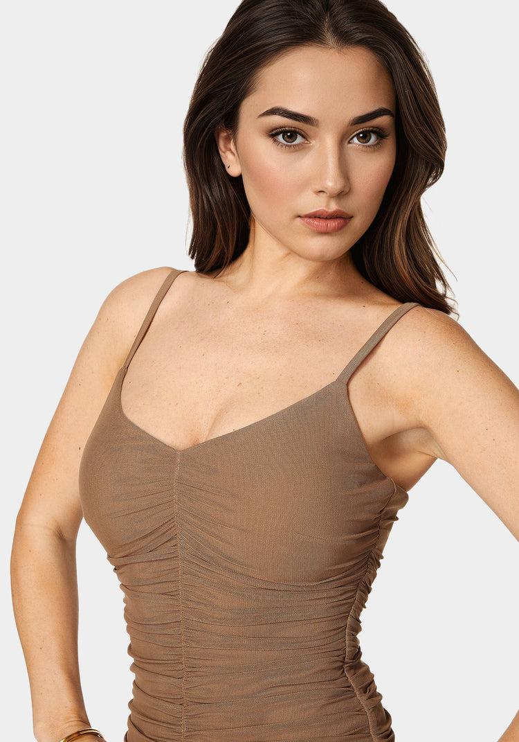 Bebe Ruched Mesh Midi Dress